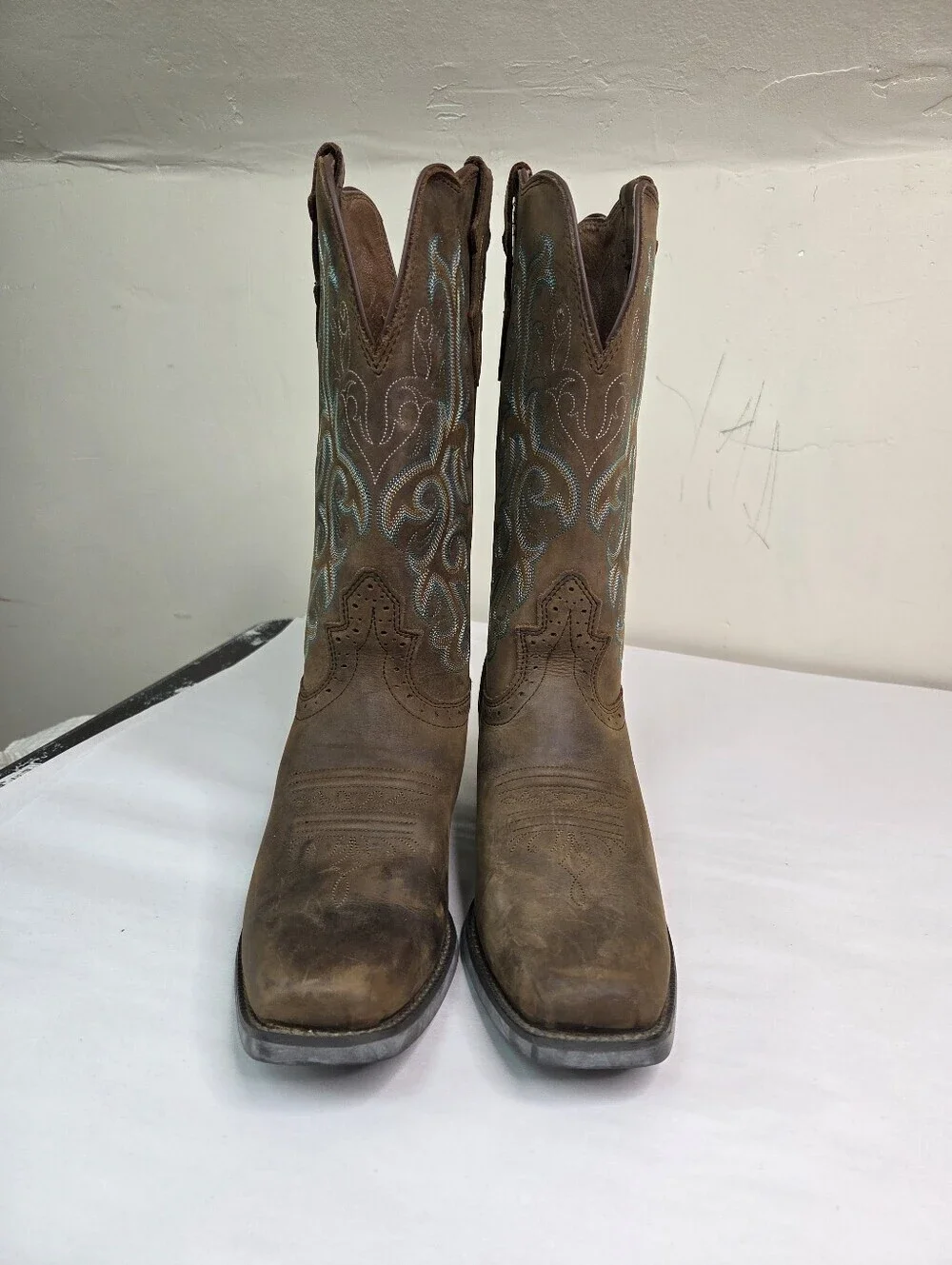 Justin Boots Brown Leather Western Cowboy Boots Embroidered Square Toe  8.5B